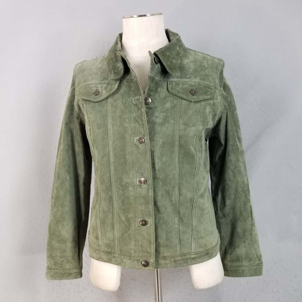 Fabio Jacket Womens Large Green Suede Leather Trucker Vintage Button Front Coat